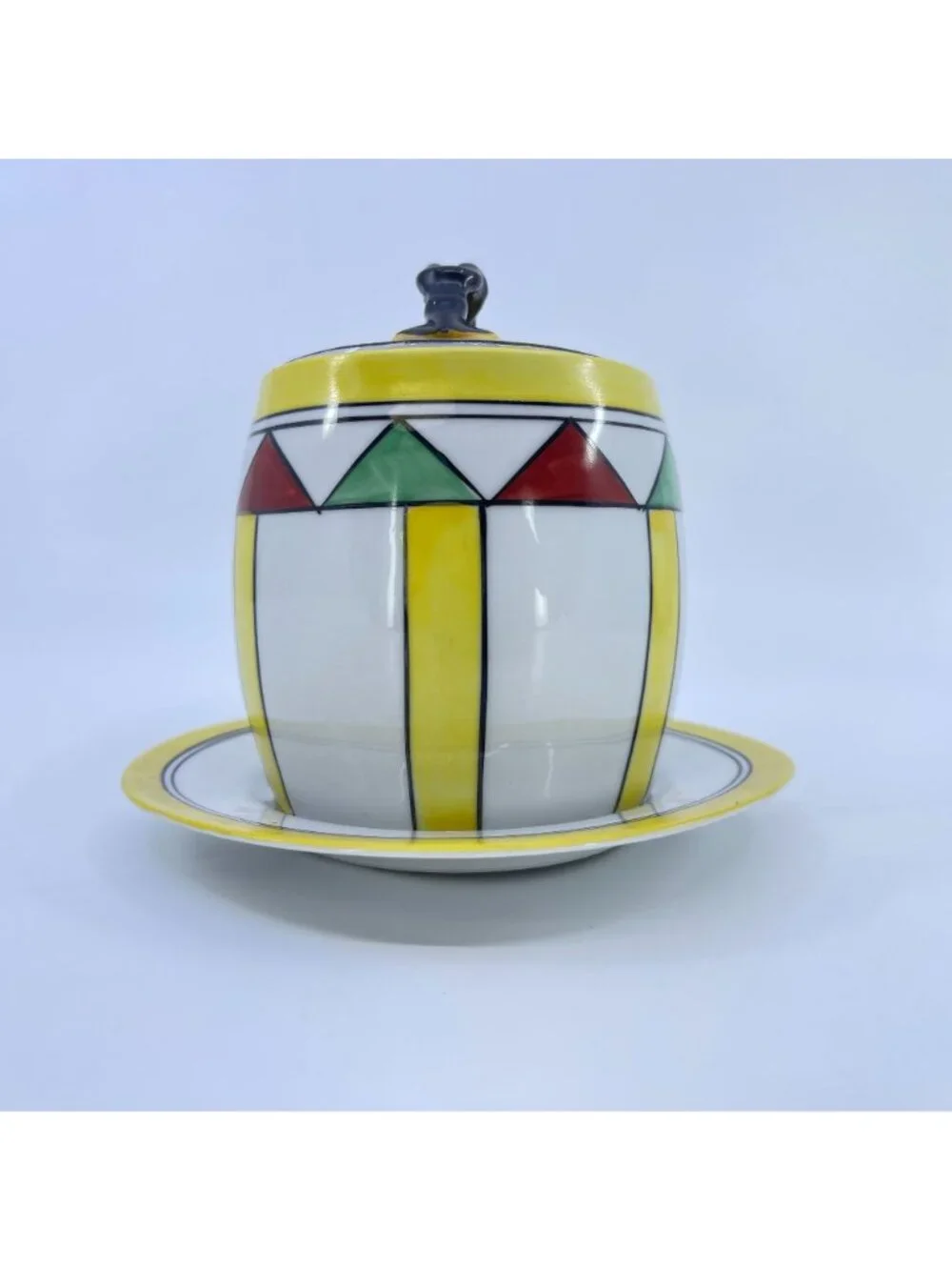 vintage ceramic condiment jar with lid & saucer hand-painted geometric pattern